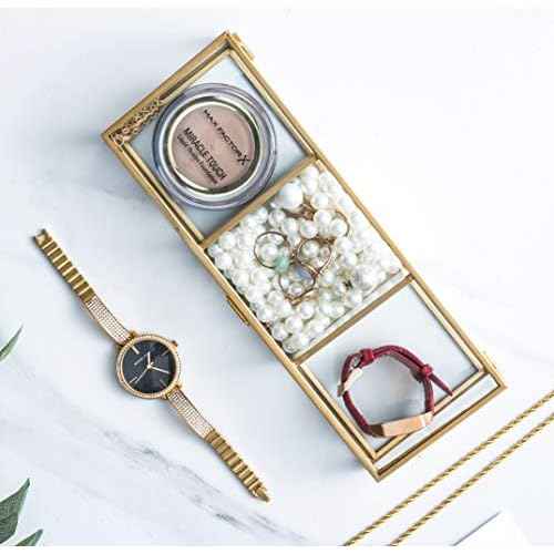 Golden Vintage Glass Lidded Box Clear Glass & Brass Metal Storage Jewelry and Cosmetic Makeup Organizer with Lid Beauty Display, Rectangle with 3 Compartment