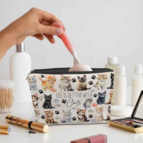 Life is Better with Cats Cosmetic Bag - Cute Cat Stuff, Makeup Bag & Toiletry Pouch for Cat Lovers
