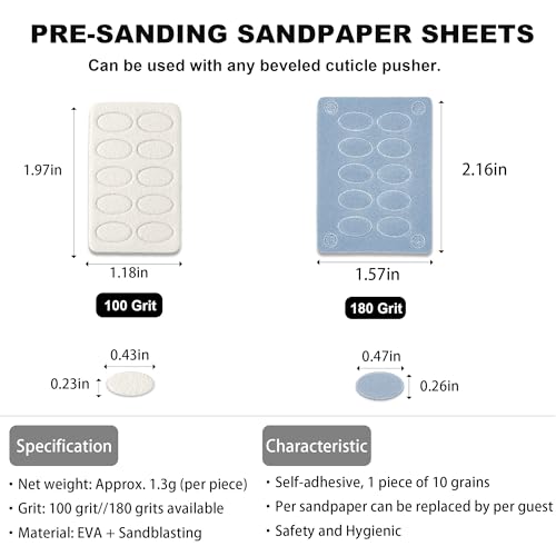 Pre-treatment Cuticle Pusher, Russian Prep Nail Pushers, Dual Ended Cuticle Remover with 100/180 Grit Sandpaper Sheets, Nail Care for Manicure Pedicure Nail Art