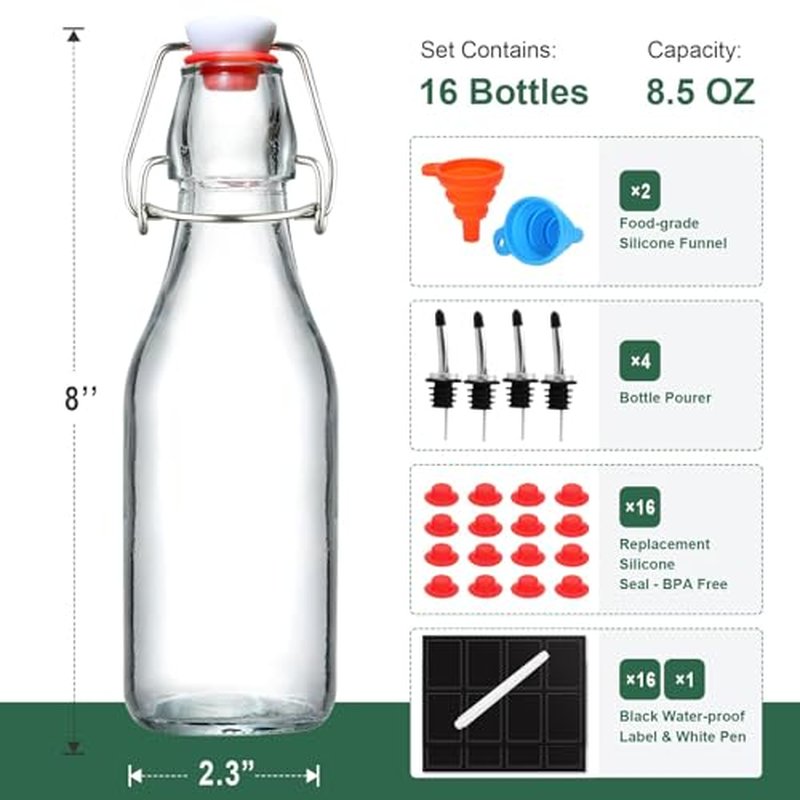 16 Pack 8.5oz Flip Top Glass Bottles, Swing Top Beer Brewing Bottle for 2nd Fermentation, Kombucha, Kefir, Vanilla Extract, Coquito, Juice, Tea - Airtight Stopper Cap Lid, Bonus 4 Bottle Pourers