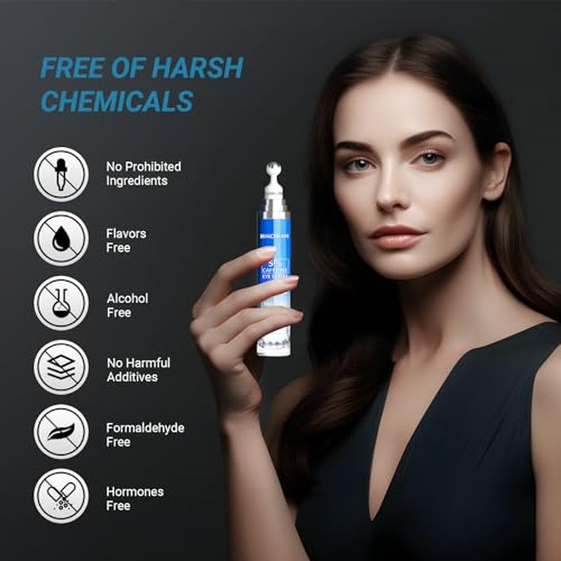 Eye Cream with 5% Caffeine Hyaluronic Acid, Eye Serum with 360¡Æ Roller Massage Ball for Puffy, Fine Lines, Dark Circles and Wrinkles, Under eye Treatment Serum for Women & Men