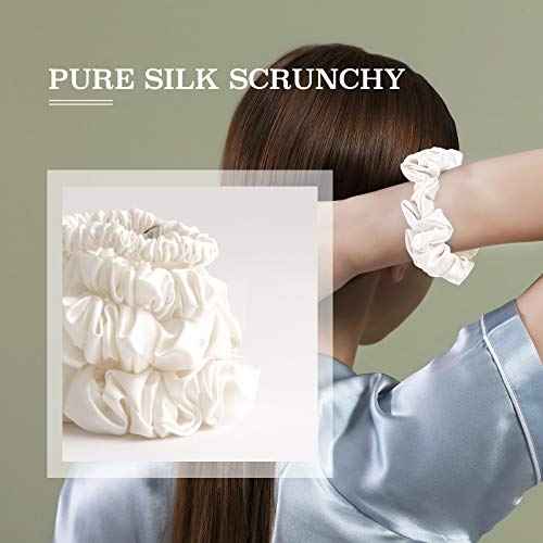 MTSNOO Silk Scrunchies for Hair, 100% Pure 22 Momme Mulberry Silk Scrunchies for Curly Hair with Elastic Band, 4 Pack, Ivory