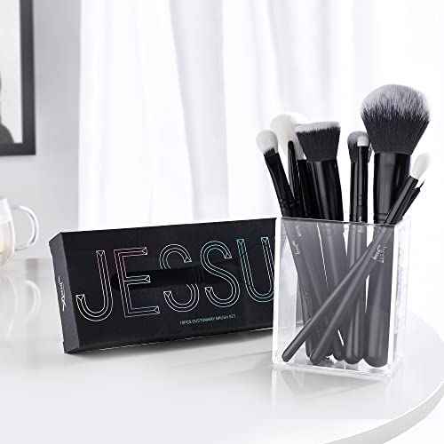 Jessup Makeup Brush Set 10pcs Black Make up Brushes Set Professional with Natural Synthetic Hair for Foundation Blending Blush Concealer Eyeshadow Eyebrow Eyeliner, T323