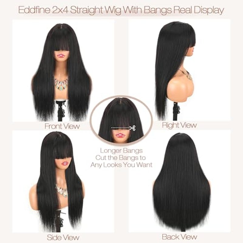 Straight Human Hair Wigs with Bangs 2x4 Lace Closure Wigs Human Hair 180% Density Drawstring Glueless Wigs Human Hair for Women Lace Front Wigs Human Hair Natural Black 18inch.