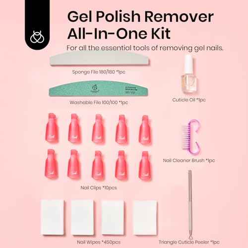 Beetles Gel Polish Remover Kit with 450 Pcs Lint Free Nail Wipes 10 Pcs Gel Polish Remover Clips Cuticle Oil Cuticle Pusher Nail File