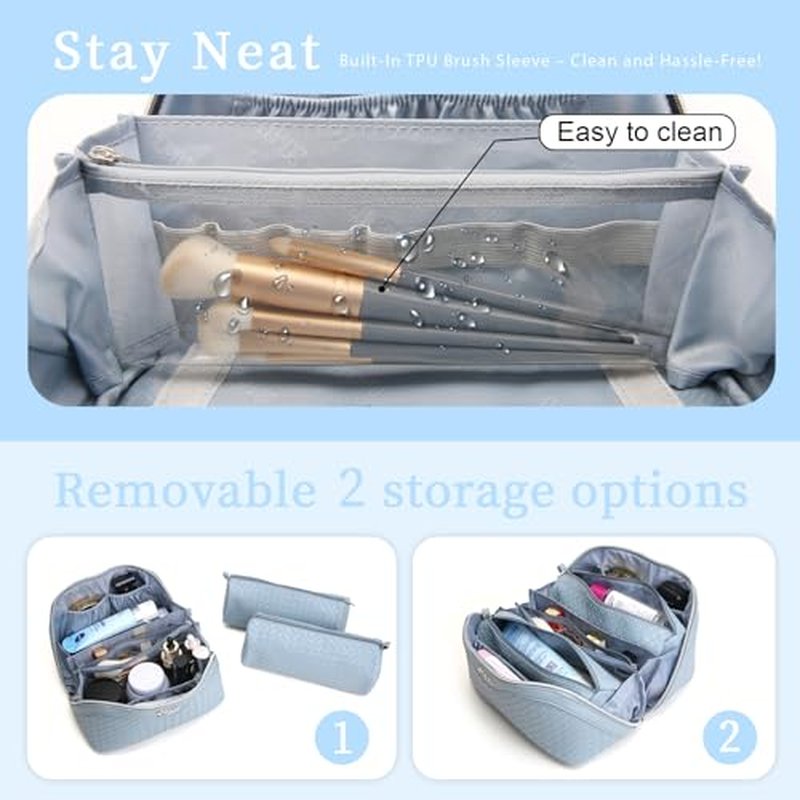 BOYATU Travel Makeup Bag Cosmetic Bags for Women: Large Capacity 3 Pcs Set Make up Bag with Compartments - Waterproof Vegan Leather Toiletry Organizer Bags with Handle (L04 Light Blue)