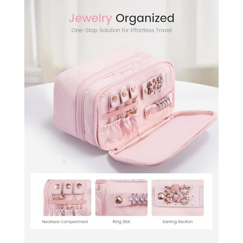 LOVEVOOK Travel Makeup Bag,Large Open Flat Tolietry Bag for Women,Waterproof Portable Cosmetic Pouch,Double Layer Quilted Makeup Bag Organizer With Handle,Travel Essentials,Gift for Her