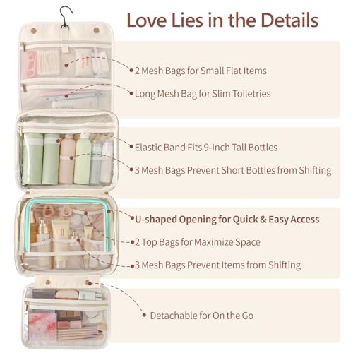 PACKISM Hanging Travel Bag for Traveling with Clear Makeup Bag - Soft Leather Waterproof Travel Toiletry Bag for Full-Sized Toiletries and TSA Approved Toiletry Bag, Off White (L)