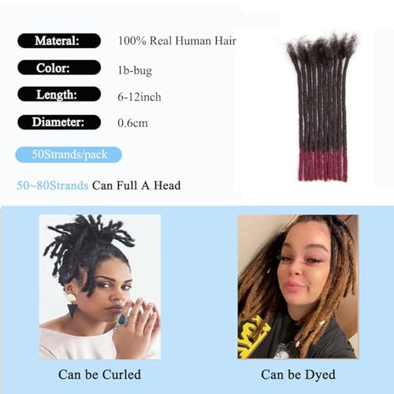 12 inch 50 Strands Loc Extensions Human Hair, 0.6cm Pencle Size Dreadlock Extensions Human Hair for Women Men Kids Full Handmade Permanent Dreads Locs,bug
