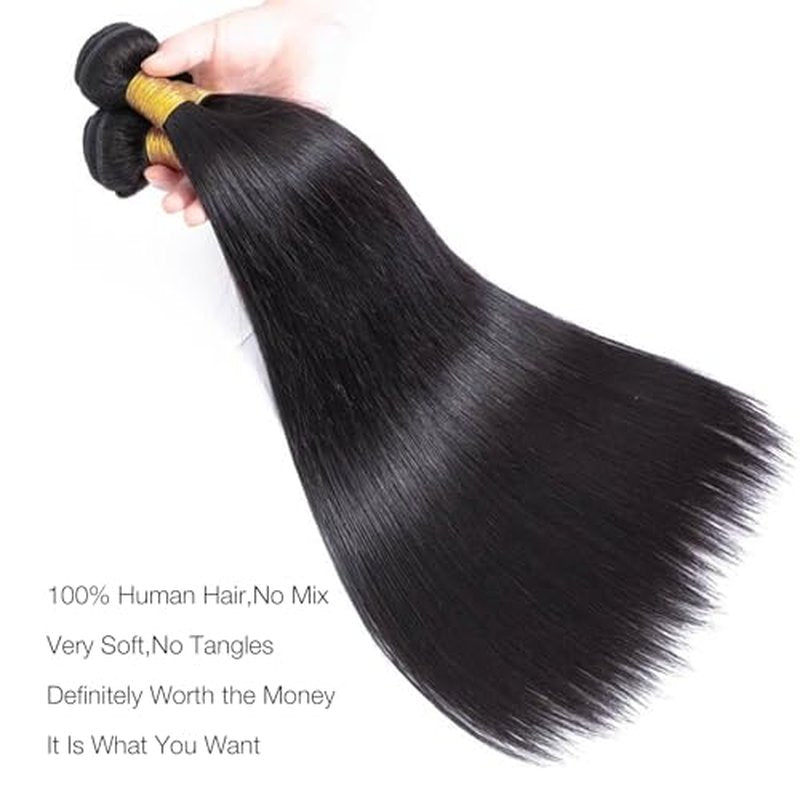 Straight Hair Bundles - 14 16 18 Inch | 100% Unprocessed Brazilian Virgin Human Hair | 3-Pack Quick Weave Bundles with Glossy Finish for Women