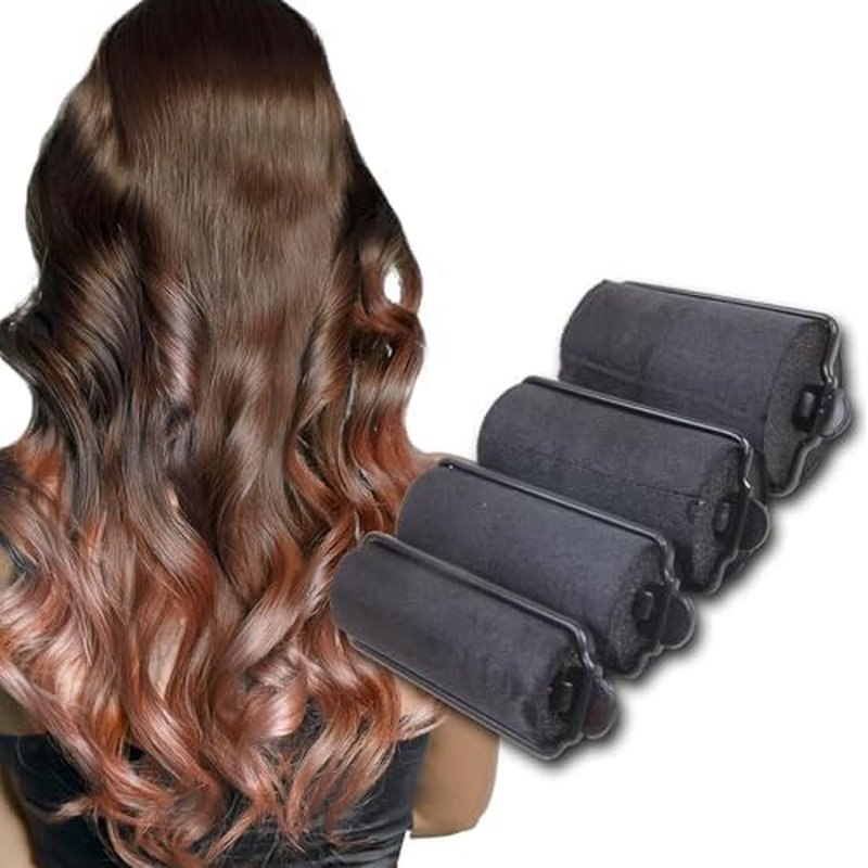 DONNA Silky Satin Foam Rollers 1.25"(D) 6PCS XL Hair Styling Heatless Curlers and Clips for Hairdressing BLACK