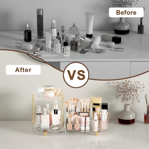 Makeup Organizer Countertop for Vanity, Rotating Perfume Tray with 5-compartment Cosmetic and Skincare Organizers, Multi-Purpose Desk Storage Makeup Brush Holder for Bathroom Bedroom Counter