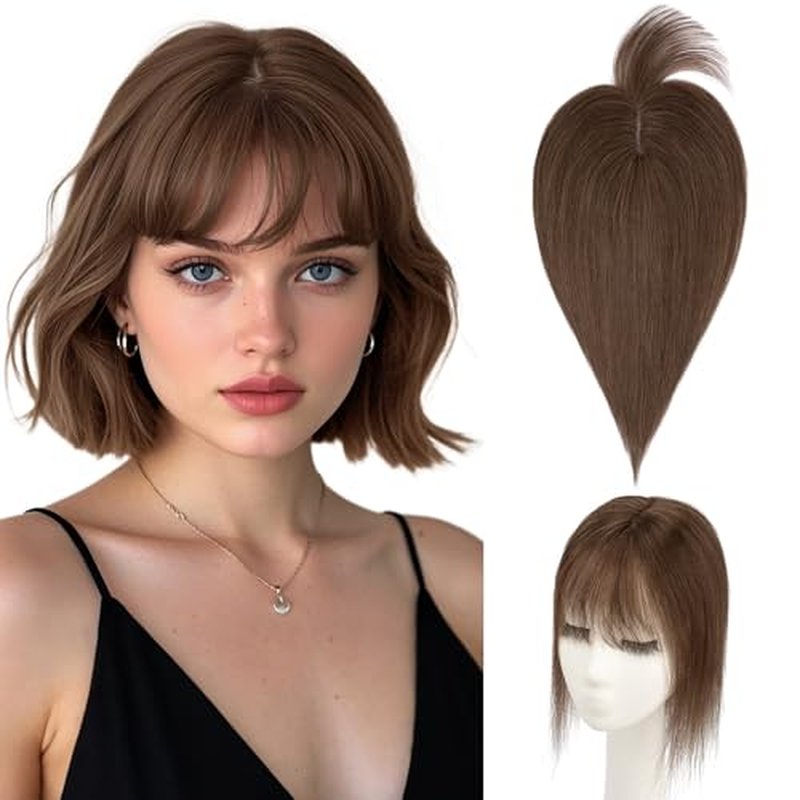 Hairro Human Hair Topper with Wispy Bangs, Clips on 360¡Æ 3D Cover Real Hairpieces Lightweight, 2.25"x6" Base for Women with High Hairline/Thinning Hair, 10 Inch Dark Brown Bangs