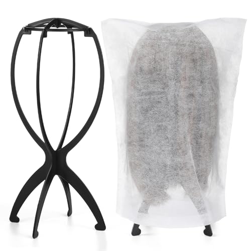 2 Pack Wig Stand with 2Pcs Wig Dust Bag, Travel Wig Head Stand Holder for Women Multiple Wigs Styling, Black, Hair Length Under 40cm/15.74in