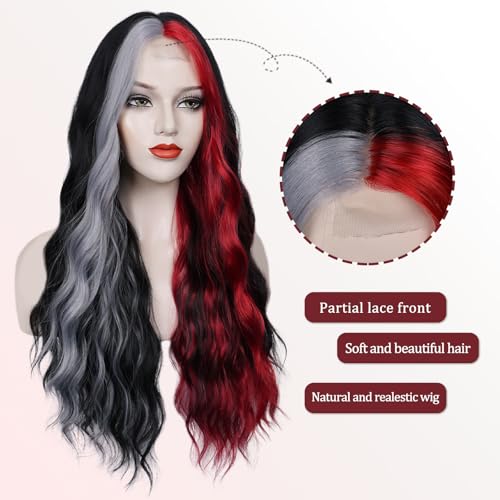 WECAN Black Red Gray Wig 28 Inches Long Black Red Wavy Wigs For Women Synthetic Hair Replacement Wigs Halloween Cosplay Daily Party Heat-Resistant Fiber Wig £¨black/red/gray£©