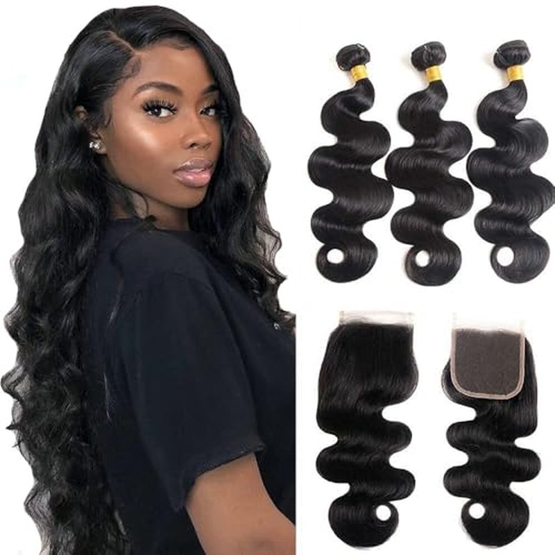 Selina Body Wave 3 Bundles Human Hair with Closure 20 22 24 +18 Inch 4x4 Free Part Lace Closure Human Hair 100% Unprocessed Brazilian Virgin Deals Hair Extensions Quick Weave Bundle Natural Black