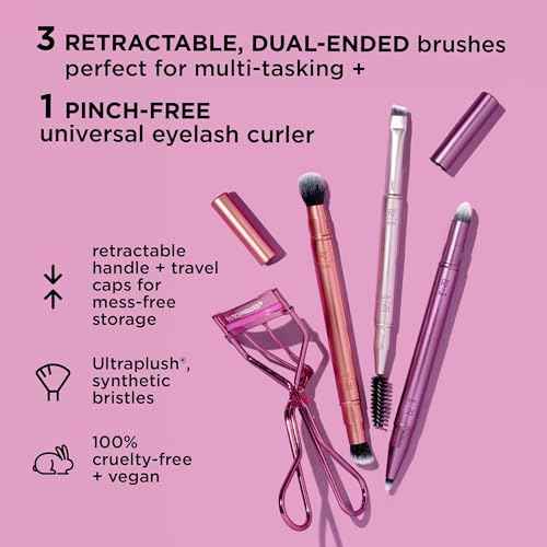 Real Techniques Double Time Brush + Lash 4 Piece Set, Dual-Ended Eye Makeup Brushes For Eyeshadow & Brows, Travel-Friendly Brush Caps For Storage, Eyelash Curler Included, Cruelty-Free