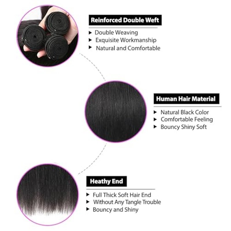 Straight Bundles Human Hair 18 20 22 24 Inch 100% Unprocessed Brazilian Virgin Hair 4 Bundles Human Hair Trippy Hair Weave Bundle Extension for Black Women Natural Color