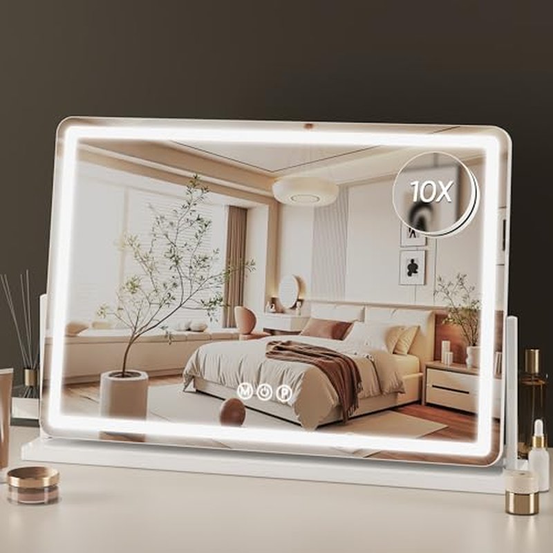 Vanity Mirror with Lights, 32"x22" Hollywood Lighted Makeup Mirror for Tabletop & Bedroom 3 Color Lighting Modes Smart Touch Control 360¡Æ Rotation Detachable