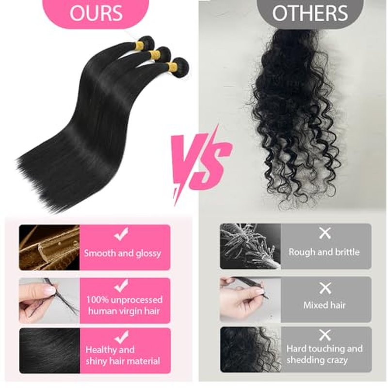 Straight Human Hair Bundles 12A Brazilian Human Hair 3 Bundles 100% Unprocessed Virgin Human Hair Extensions Natural Black Color 20 22 24Inch