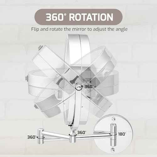OVENTE Wall Mounted Lighted Makeup Mirror, 9" Double Sided 1X/10X Magnifying Vanity Mirror for Bathroom with LED Lights, Cordless, 360¡Æ Rotation and 13" Extendable Arm, Polished Chrome MFW85CH1X10X