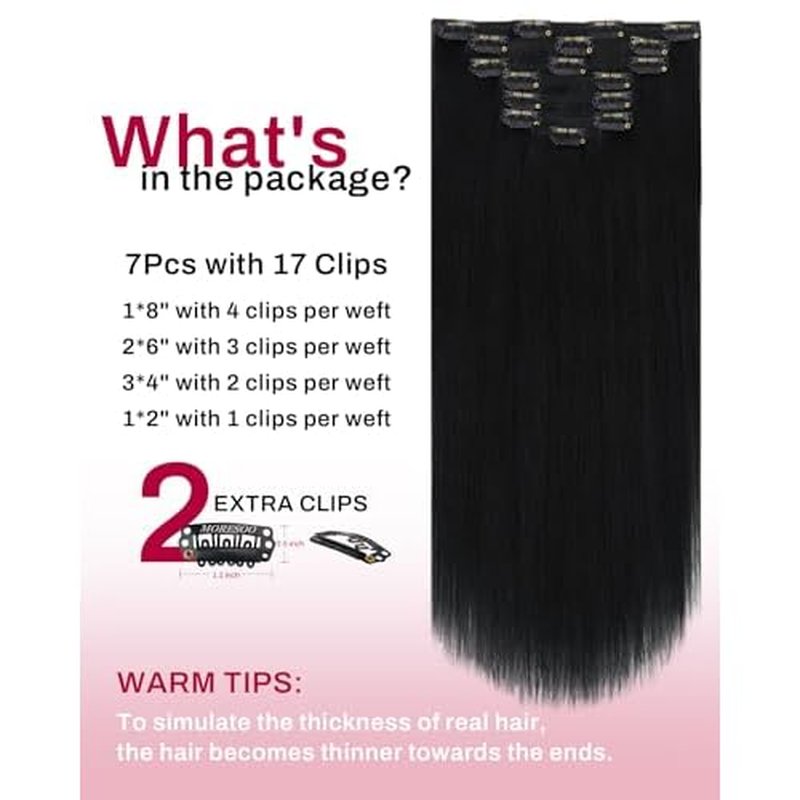 Moresoo Clip in Hair Extensions for Black Women Remy Double Weft Human Hair Clip in Extensions Jet Black #1 7Pieces 120G 24inch