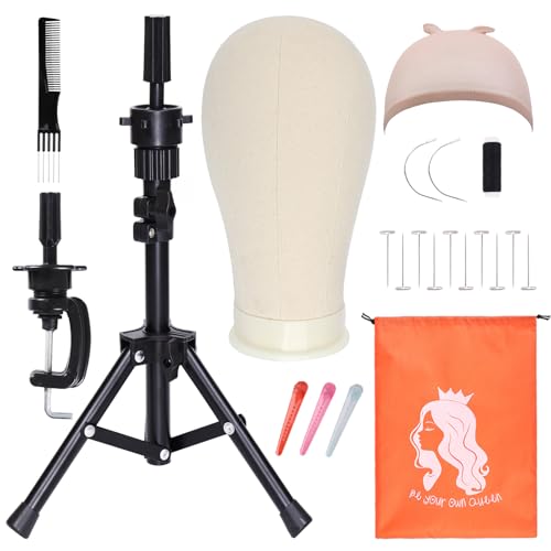 PWEOUKE 22 Inch Canvas Wig Head with Stand for Wigs ,14-22 Inch Height Adjustable Wig Stand Tripod with Canvas Block Wig Head,Manikin Head Block Set for Cosmetology with Wig Stand and Storage Bag