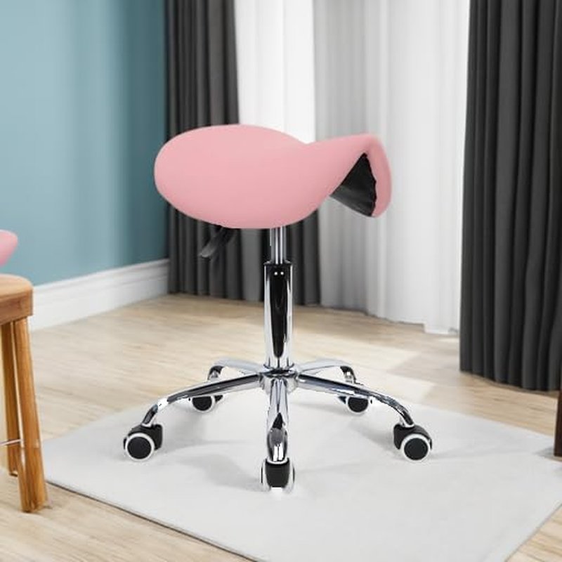 Adjustable Rolling Saddle Stool - PU Leather Swivel Salon Chair with Wheels | Pink