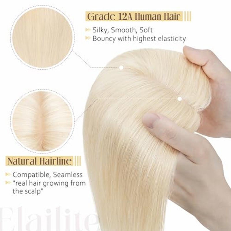 Elailite Hair Toppers for Women With Thinning Hair - Real Human Hair V3.0 Clip in Pieces 10 Inch Middle Parting for Loss Cover Gray Fine [Style-B] #60 Platinum Blonde