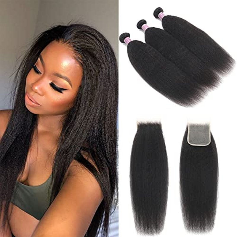 Kinky Straight Human Hair Bundles With 4x4 Lace Closure Free Part 14 14 14+12 Inch Natural Black 100% Unprocessed Brazilian Virgin Yaki Straight Hair Extensions (14 14 14+12Closure)