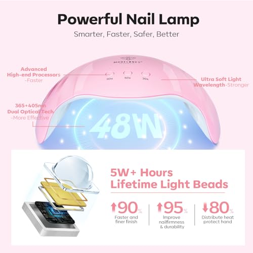 Modelones Poly Nail Gel Kit, 6 Colors Poly Extension Gel Clear Pink White with 48W U V/LED Lamp 3D Nail Charms Builder Slip Solution Complete Toe Manicure Supplies Tools for Starter