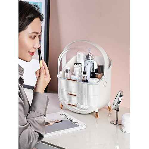 Makeup Storage Organizer for countertop£¬Cosmetics Display Case with 2-Layer Storage Box and Transparent Cover, Keep Bedroom Vanity Organizer Clea, Milky white