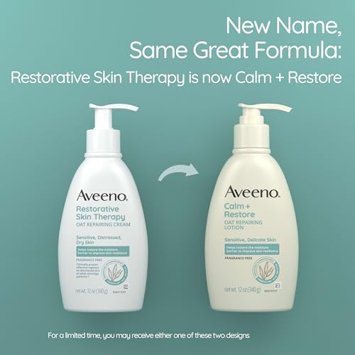 Aveeno Calm + Restore Oat Repairing Body Lotion for Sensitive Skin, Daily Moisturizer with Prebiotic Oat, Aloe & Pro-Vitamin B5, Fragrance Free Body Lotion Helps Heal Dry Skin, 12 oz
