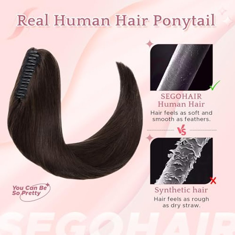 Human Hair Claw Clip Ponytail Extension 100% Real Human Hair Clip-In Extensions for Women Long Straight Pony Tails 18 Inches 115g #02 Dark Brown