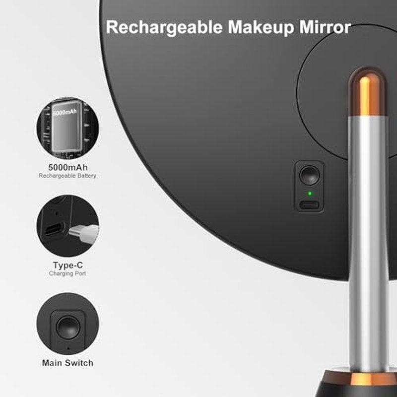 10.5" Professional Makeup Mirror with Lights, Rechargeable HD Vanity Mirror, CRI¡Ã98 True-Sunlight, 3 Color Modes & Stepless Dimming, 5000mAh Battery, Ideal Gift for Women