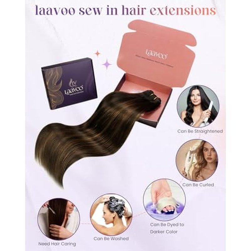LaaVoo Sew in Hair Extensions Human Hair Balayage Brown Weft Hair Extensions Sew in Doble Weft Extensions Dark Brown Ombre Light Brown 20 Inch 100g