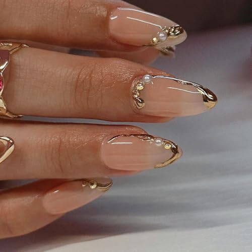 Press on Nails Almond Fake Nails French Tip False Nails with Gold Line Design Glue on Nails Press ons Medium Acrylic Nails Glossy Full Cover Stick on Nails for Women Manicure 24Pcs
