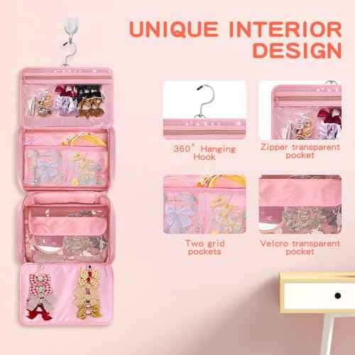 Hair Accessories Organizer for Girls, Hanging Hair Bow Storage Bag for Girls Hair Clips, Travel Organizer With Hair Clips, Headbands, Scrunchies & Ties - Empty Bag (Pink)