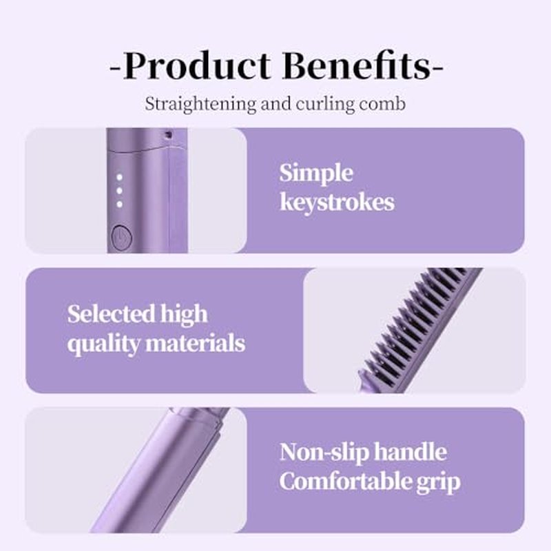 Ceramic Hairdressing Comb Smooth, 2025 New Hairdressing Comb for Straight and Curly Hairs, Upgrade Portable Wireless 2-in-1 Hairs Dressing Combs Fast Heating 3 Adjustable Temperatures (Purple)