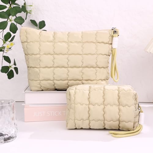 Richeart Makeup Bag Travel Toiletry Bag - Checkered Down Cotton Makeup Pouch for Women with Cosmetic and Pencil, Aesthetic Khaki Design, 2 Pieces