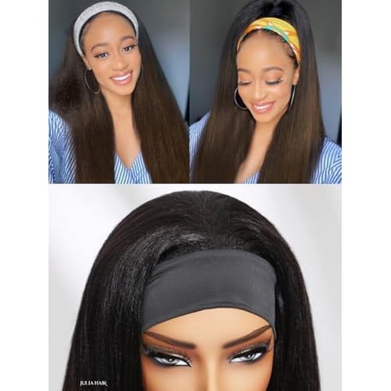 Julia Hair 12A Headband Wig Human Hair Yaki Straight Glueless None Lace Half Wig With Pre-attached Scarf Ombre Chestnut Brown Highlight With Dark Roots for Black Women Put on and Go 20 Inch