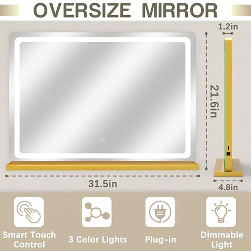ROLOVE Gold Vanity Mirror with Lights, 32" x 22" Large Lighted Vanity Mirror with Dimmable 3 Modes, LED Makeup Mirror, USB Charging Port, Tabletop or Wall-Mounted