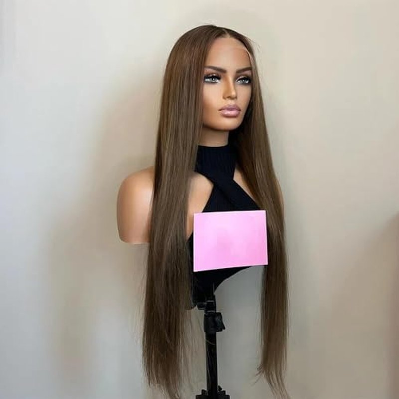 20'' Chocolate Brown Silky Straight Lace Front Wig with Dark Roots Glueless Pre plucked Bleached Knots Ombre Lace Front Wigs Human Hair Auburn Transparent HD Lace Wigs with Baby Hair for Black Women