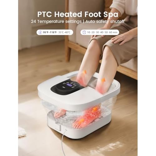 RIKE Collapsible Foot Spa with Heat, Bubbles, 24-Level Temp Control, Red Light, Timer, Foot Soaking Tub with 6 Shiatsu Rollers & Pumice Stone, Foot Bath Massager Pedicure FootSpa for Stress Relief