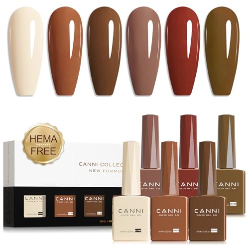 CANNI Brown Nude Gel Nail Polish Set ? 6 Colors 9ML (Beige, Chestnut, Khaki, Skin Tone, Taupe), Soak Off UV LED Nail Gel Kit for Winter Nude DIY Manicure