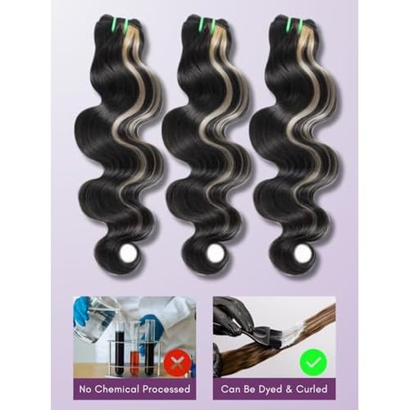 Platinum Blonde Highlight Black Mix Color Bundles Body Wave Human Hair, 100% Brazilian Remy Hair Thick Track Bundles #F1B/613 Ombre Skunk Stripe Balayage More Silver (3 Bundles, 10 12 14 Inch)