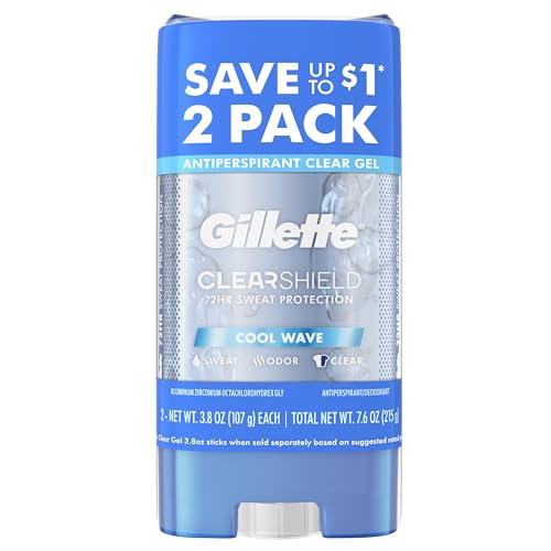 Gillette Antiperspirant and Deodorant for Men, 72hr Sweat & Odor Protection, Long Lasting Freshness, Anti-White Mark Technology, Clear Gel, Cool Wave Scent, 3.8 oz (Pack of 2)