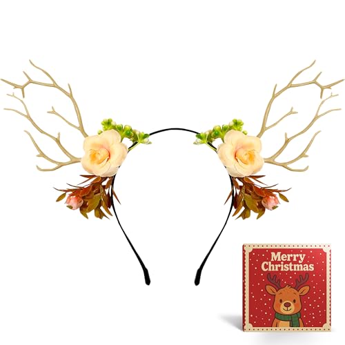 Yumikoo Deer Ears Antlers Christmas Headband - Flower Christmas Costume Hair Accessories for Women