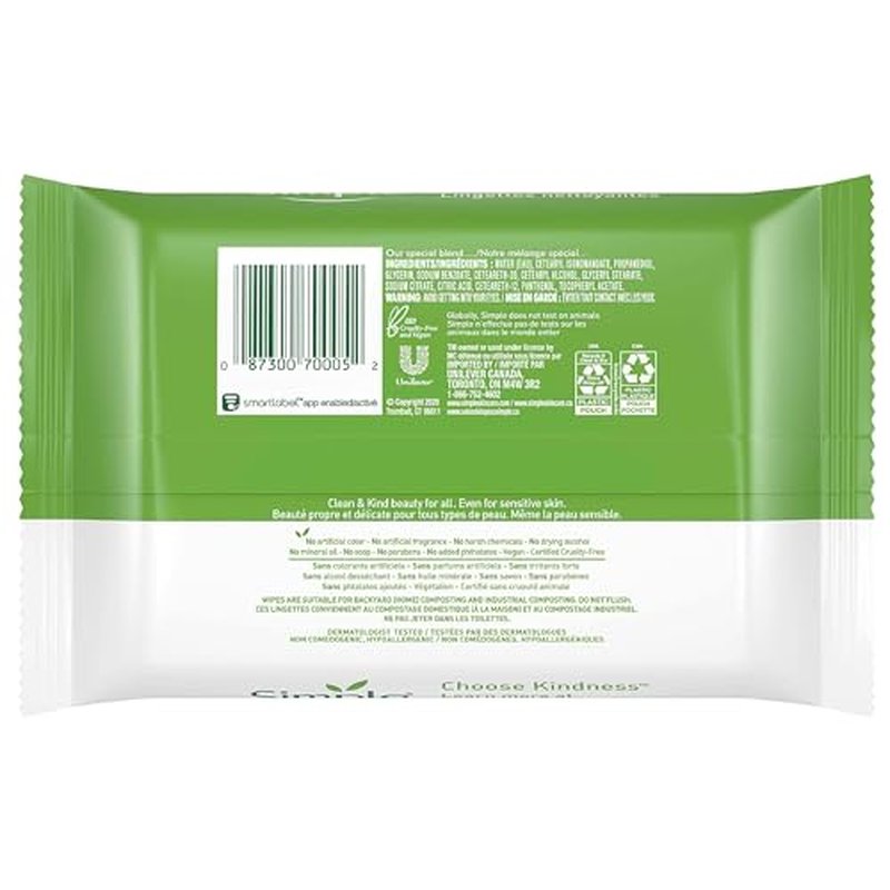 Simple Kind to Skin Facial Wipes Gentle and Effective Makeup Remover Cleansing Free from color and dye artificial perfume and harsh chemicals, 25 Count (Pack of 2)
