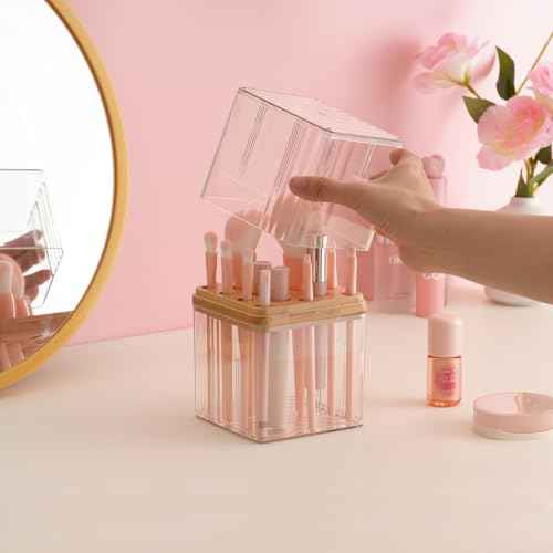 SUNFICON Makeup Brush Holder with Cover Makeup Brush Container With Lid Clear Makeup Brush Holder Organizer Waterproof Dustproof Beauty Brushes Storage Case Stand for Vanity Bathroom Countertop,Gift